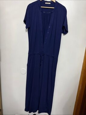 Navy Short-Sleeve Button-Front Jumpsuit with Drawstring Waist